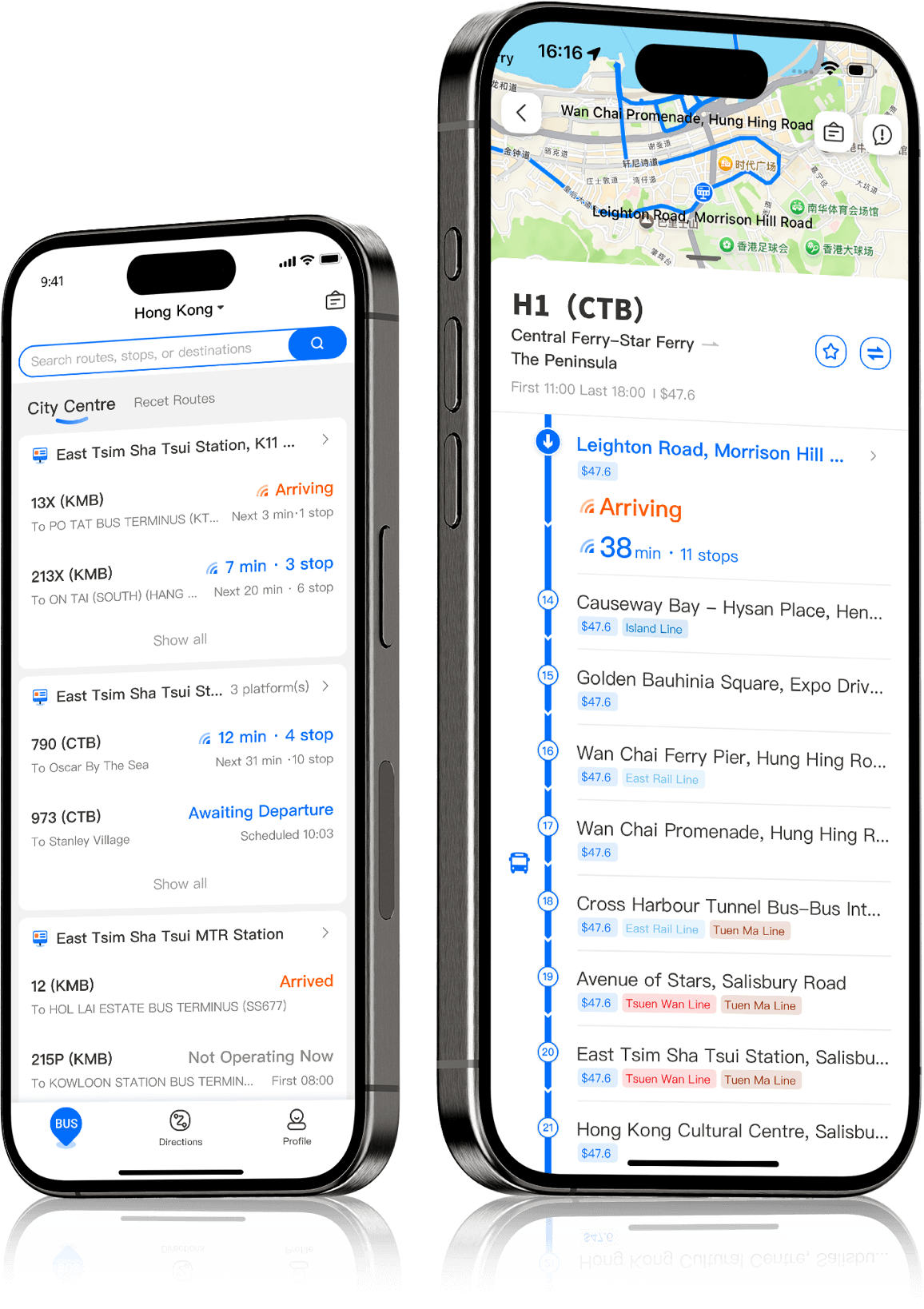 Busio mobile app interface showing real-time bus tracking