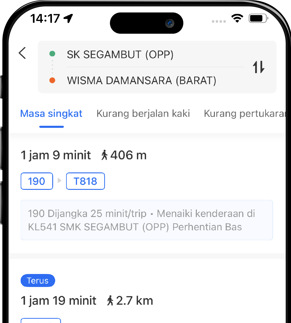 Busio app showing multiple routes to the destination