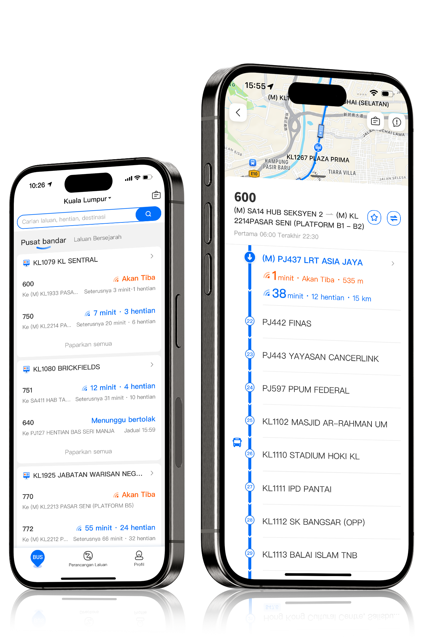 Busio app real-time bus tracking and bus line details feature displayed in Malay
